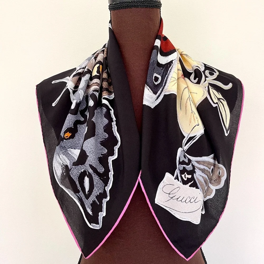 Gucci Unisex Scarf Kris Knight Butterfly Flora Black Silk Wrap